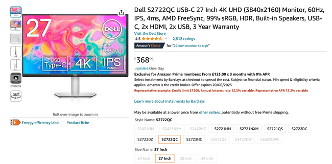Dell S2722QC USB-C 27 Inch 4K